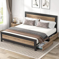 17 Stories Queen Size Bed Frame With 4 Storage Drawers, Rivet Modern Headboard And Footboard Platform Bed With Solid Woo