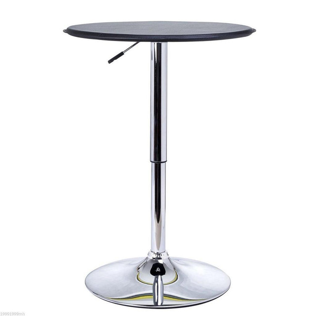 MODERN ROUND BAR TABLE ADJUSTMENT HEIGHT HOME PUB BISTRO DESK FAUX LEATHER COVERED WOODEN TOP CHROME BASE BLACK in Dining Tables & Sets