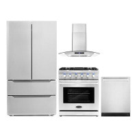 Cosmo 4 Piece Kitchen Package with 30" Freestanding Gas Range  30" Wall Mount Range Hood 24" Built-in Fully Integrated D