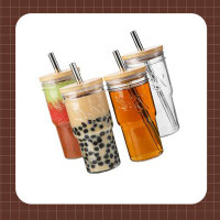 Eternal Night Glass Tumbler Cups With Bamboo Lids And Straws, 22Oz Iced Coffee Cups-Reusable Mason Jar Drinking Glasses