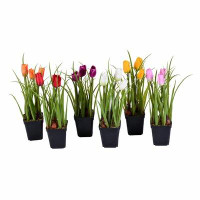 Three Posts 10" Artificial Tulips in Black Plastic Planters Pots