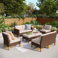Lark Manor 8-Piece Wicker Outdoor Patio Furniture Set, Sectional Patio Set with Beige Cushions, Fire pit table