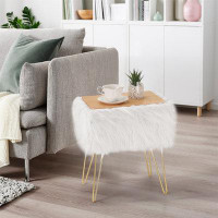 Mercer41 Vanity Stool Faux Fur Rectangular Chair With Storage, With Metal Legs, White