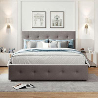 Latitude Run® Upholstered Queen Size Platform Bed With Twin XL Trundle And 2 Drawers,Linen Fabric Bedframe With Headboar