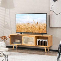 Costway Modern TV Stand With Rattan Glass Sliding Doors