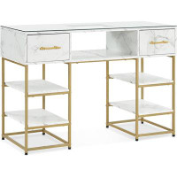 Mercer41 Rojmen Glass Top Nail Desk with Drawer and Shelf 47.2''