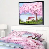East Urban Home 'Bench under Flowering Peach Tree' Framed Oil Painting Print on Wrapped Canvas