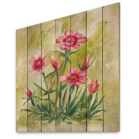 Red Barrel Studio Pink Dianthus Glacia Blossoming In The Field - Traditional Wood Wall Art Décor - Natural Pine Wood