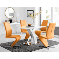 East Urban Home High Gloss and Chrome Metal Rectangle Dining Table Set with 4 Luxury Faux Leather Dining Chairs