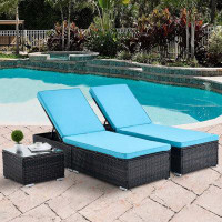 Latitude Run® Patio Chaise Lounge Chair,Lying in bed with PE Rattan and Steel Frame(Brown+Blue)