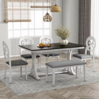 Ophelia & Co. Mid-Century 6-Piece Trestle Table Set With Victorian Round Upholstered Dining Chairs And Long Bench, Gray+