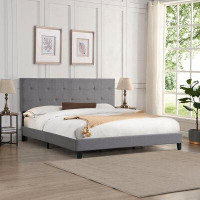 Winston Porter Upholstered Platform Bed Frame With Button Tufted Linen Fabric Headboard, No Box Spring Needed, Wood Slat