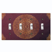 WorldAcc Metal Light Switch Plate Outlet Cover (Maroon Mandala Meditation - Quadruple Toggle)