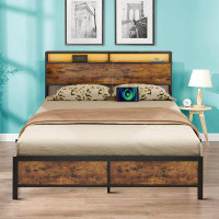 17 Stories Mid-century style bed frame with LED lights and USB port, queen size