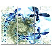 Design Art Blue and Green Fractal Flowers - 3 Piece Graphic Art on Wrapped Canvas Set