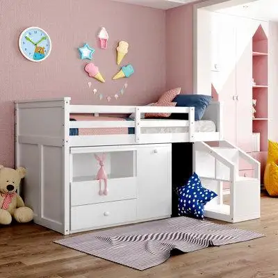 Harriet Bee Loft Bed Low Study Twin Size Loft Bed With Storage Steps And Portable, Desk, White