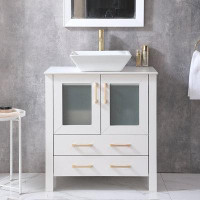 Mercer41 30" Matte White Modern Free-standing 2-drawer & 2-door Vessel Sink Bathroom Vanity Set