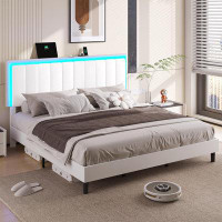 Wrought Studio King Bed Frame With Headboard And Led Light,vegan Leather Upholstered King Size Platform Bed, Headboard H