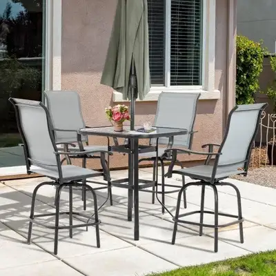 5pc Steel High Bistro Dining Glass Table Set w 4 Swivel Chairs for Outdoor Patio Deck - Grey