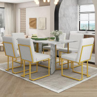 Mercer41 Modern High Gloss Pedestal Dining Table Set With Luxury Linen Dining Chairs