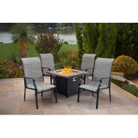 Lark Manor 28” Gas Fire Pit Table With 4 Patio Sling Chairs, 5 Piece Propane Fire Pit Set With 5Kg Fire Glass, Outdoor C