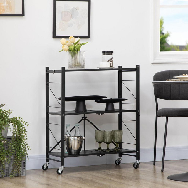 3 TIER UTILITY CART, KITCHEN ROLLING CART WITH LOCKABLE WHEELS, MULTIFUNCTIONAL STORAGE SHELVES FOR LIVING ROOM, BLACK in Kitchen & Dining Wares