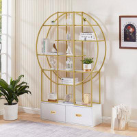 Mercer41 70.8" Round Office Bookcase: Display Shelf, 2 Drawers, Gold Frame - Golden+White