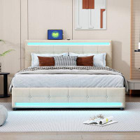 Ivy Bronx Upholstered Bed With LED Light, 4 Drawers And A Set Of Type C And USB Ports, Velvet