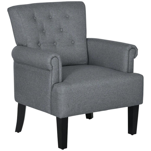 ARMCHAIR, FABRIC ACCENT CHAIR, MODERN LIVING ROOM CHAIR WITH WOOD LEGS AND ROLLED ARMS FOR BEDROOM, GREY in Chairs & Recliners