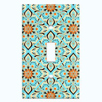 WorldAcc Metal Light Switch Plate Outlet Cover (Teal Orange Elegant Mandala Tile   - Single Toggle)