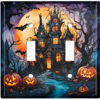 WorldAcc Metal Light Switch Plate Outlet Cover (Halloween Spooky Pumpkin Manor - Double Toggle)