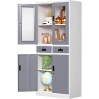 Inbox Zero Metal File Cabinet With Glass Doors And Shelves,Locking Cabinet With 2 Drawers,Kitchen Pantry Storage Cabinet