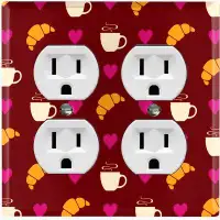 WorldAcc Metal Light Switch Plate Outlet Cover (Coffee Cups Croissant Hearts Maroon - Double Duplex)