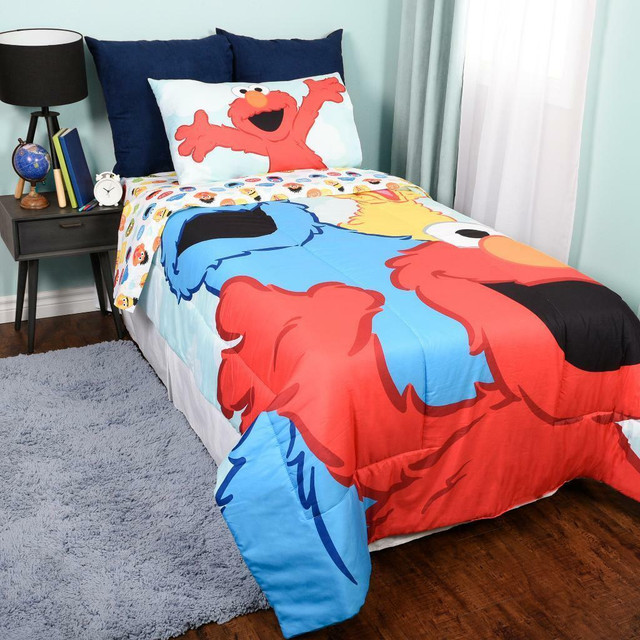 Sesame Street Elmo Kids Bedding Sheet Set with Reversible Comforter Bed in Bag 4 Pcs Set for Kids in Bedding
