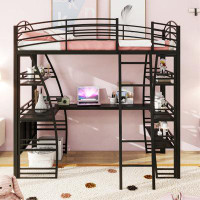 Mason & Marbles Loft Bed With 4 Layers Of Shelves And L-Shaped Desk, Stylish Metal Frame Bed With A Set Of Sockets, USB