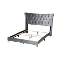 Rosdorf Park Lefancy Kristo Contemporary Glam and Luxe Grey Velvet and Gold Metal Queen Size Panel Bed