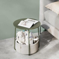 TWOTFUL Small Round Side End Table, Modern Nightstand With Fabric Basket