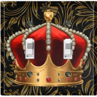 WorldAcc Metal Light Switch Plate Outlet Cover (Red King Crown Elegant Leaves - Double Toggle)
