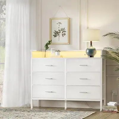 Shimano White Dresser With LED Light And Charging Station For Bedroom 6 Drawer Dresser With USB Outlet, Dressers & Chest