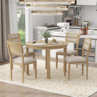 Rosalind Wheeler Farmhouse Dining Set with Round Table and 4 Upholstered Dining Chairs for Kitchen
