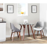 George Oliver Hsa Round Fabrico Mid-Century Modern Dining Set In Walnut Wood, Round Clear Tempered Glass And Grey Fabric