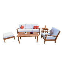 Teak Smith 5 Pc Sofa Set: Sofa, Lounge Chair, Ottoman, Coffee & Side Table + Sunbrella #57003 White Cushions-33" H x 80"