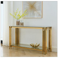 Everly Quinn Modern Glass Console Table, Sofa Table With Sturdy Metal Frame And Clear Tempered Glass Top, For Living Roo