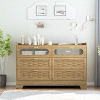 Millwood Pines Dasir Six-drawer Dresser with Two Glass Drawers and Four Rattan Drawers