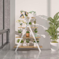 Latitude Run® Latitude Run® 4-Tier Bookshelf, 42.5" Tall A-Frame Wooden Ladder Shelf Plant Stand Rack 11 Potted Flower H