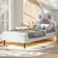 LQ Furniture Twin Size Upholstered Platform Bed With Animal Paw Shaped Headboard And LED, Pink