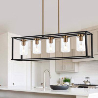 Gracie Oaks Farmhouse Light Fixture Dining Room Black And Brushed Brass 5 Light Pendant Lighting Fixtures Hanging,Kitche