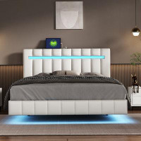 Wrought Studio Floating Bed Frame with LED Lights and USB Charging,Modern Upholstered Platform LED Bed Frame