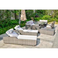 Moda Furnishings Nefertari Gas Fire Pit Dining Table With Sectional Sofa Set,  2 Arm Chair,  2 Sun Lounges And A Side Ta