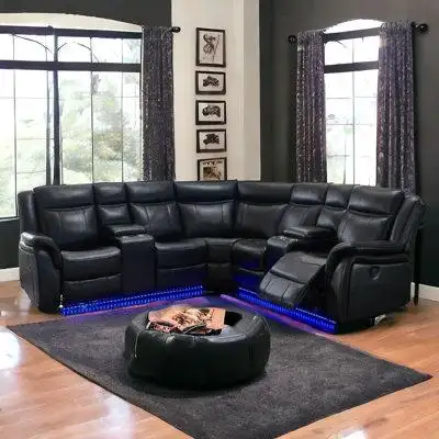 Lefancy The black polyester blend power reclining l shaped three piece corner sectional with console...